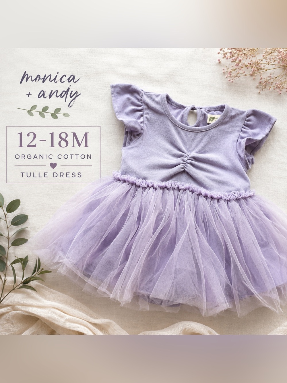 Monica + Andy Lavender Tulle Tutu Dress for Kids Organic Cotton - 12-18M